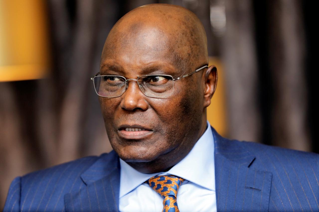 Nigeria's main opposition party presidential candidate Atiku Abubakar speaks during an interview with Reuters in Lagos