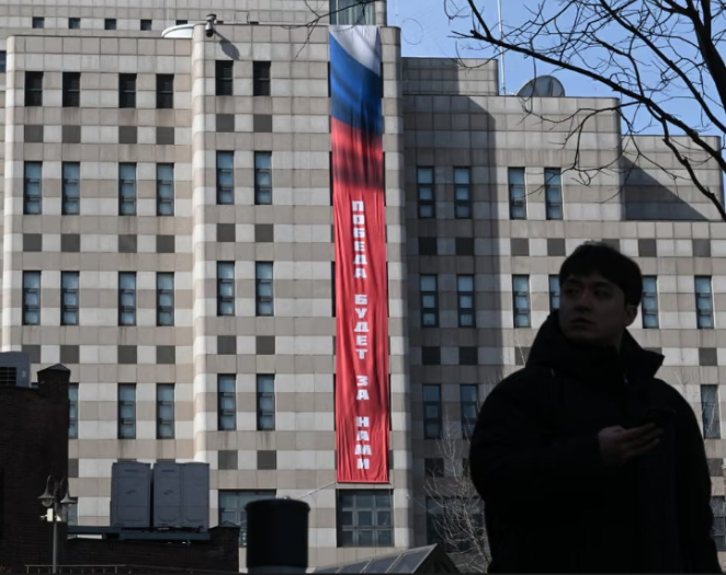 ‘Victory will be ours’ banner raised at Russian embassy in Seoul sparks diplomatic complaint
