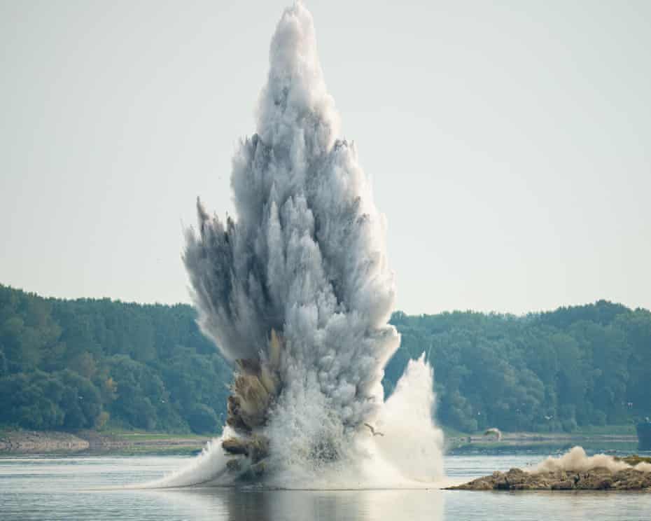 Romanian naval forces carry out a controlled underwater explosion in the Danube River to increase water flow for the Cernavodă nuclear power plant during the ongoing Europe heatwave energy crisis.